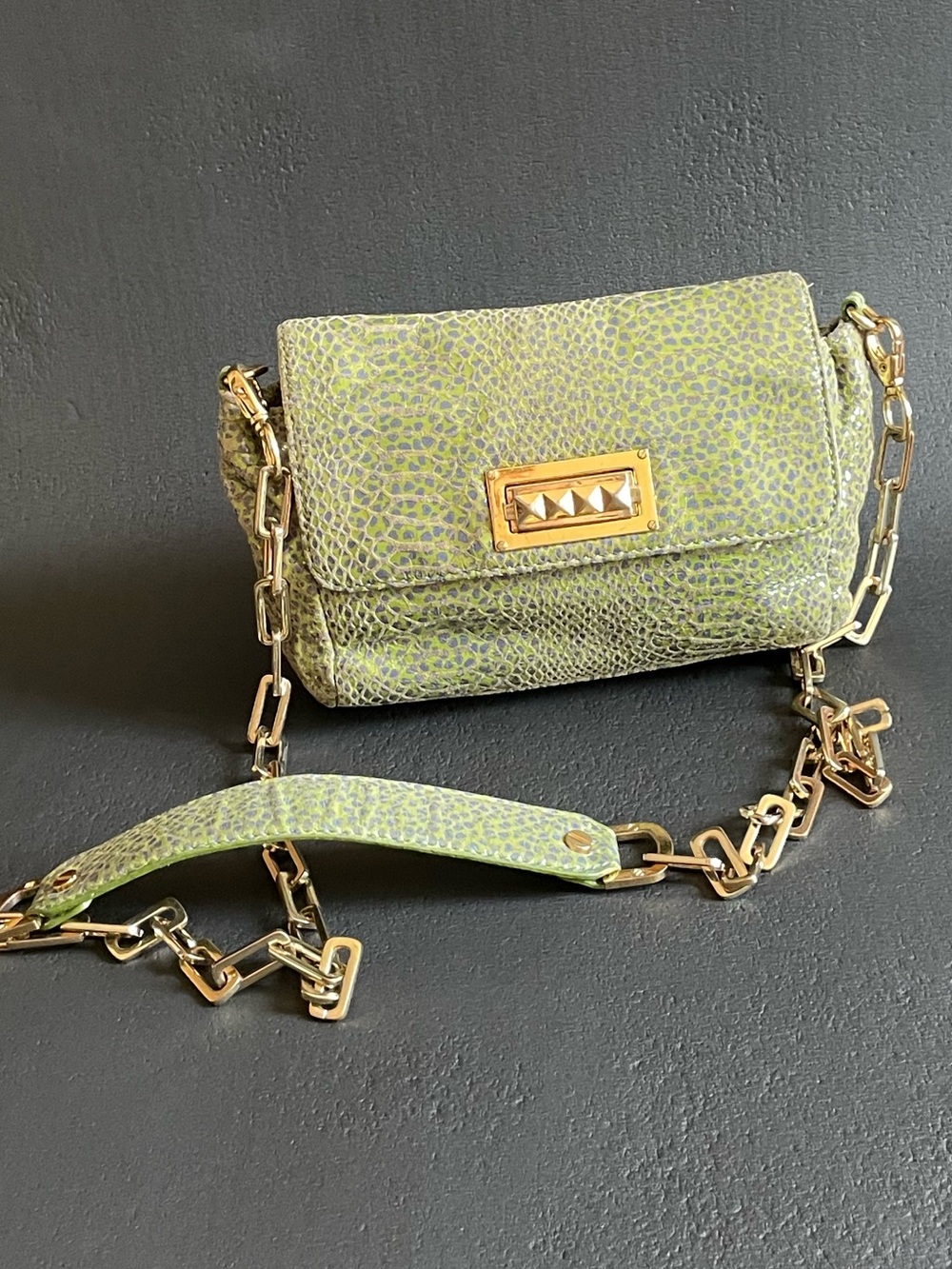 Tory Burch Green Textured genuine leather snake print Crossbody Bag Gold Chain